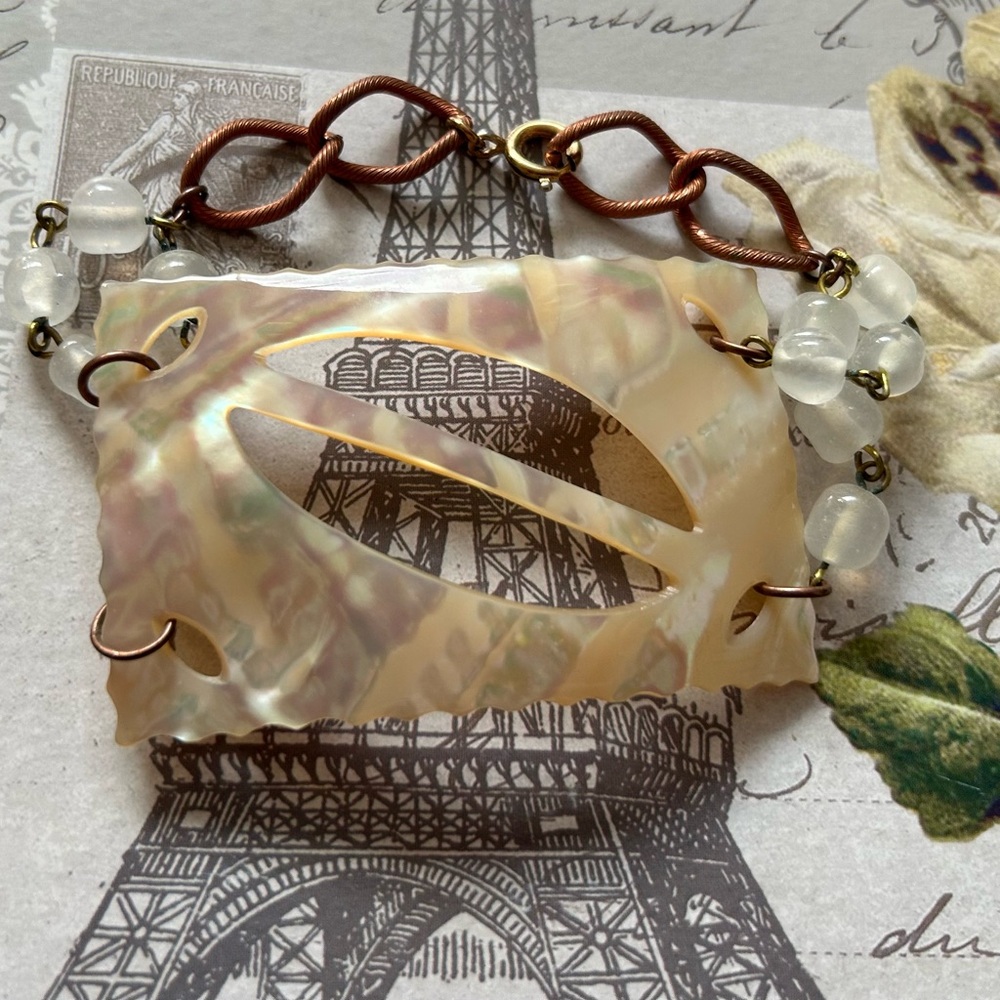 MASSIVE VINTAGE Mother of Pearl BELT BUCKLE and ROSARY REPURPOSED into BRACELET